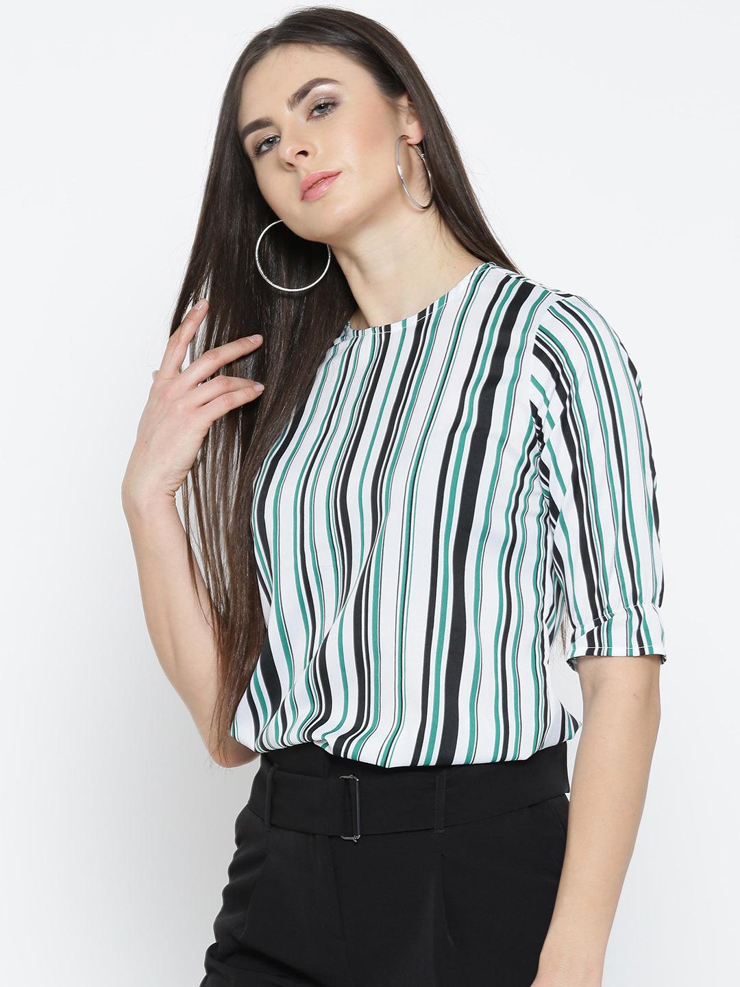 Style Quotient Women White And Multi Stripe Printed Polyester Smart Casual Top-Tops-StyleQuotient