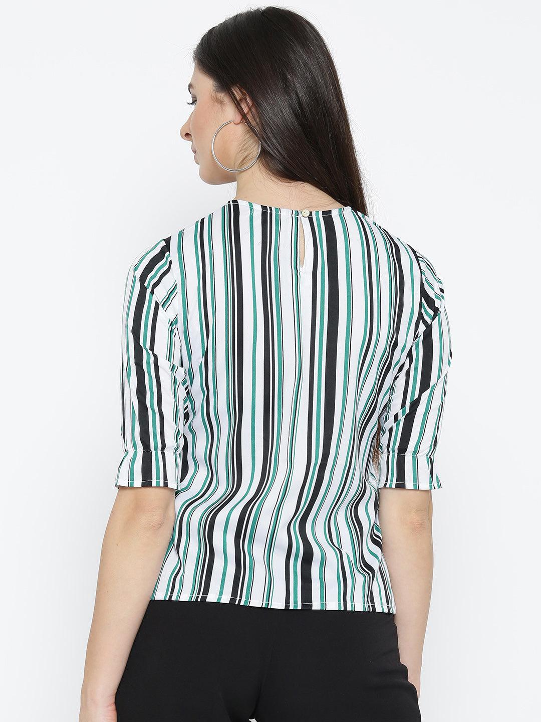 Style Quotient Women White And Multi Stripe Printed Polyester Smart Casual Top-Tops-StyleQuotient