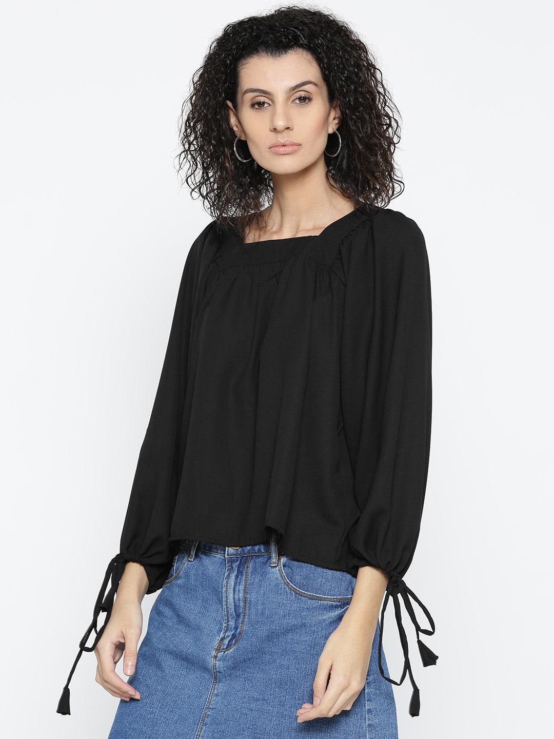 Women Black Solid Top-Tops-StyleQuotient