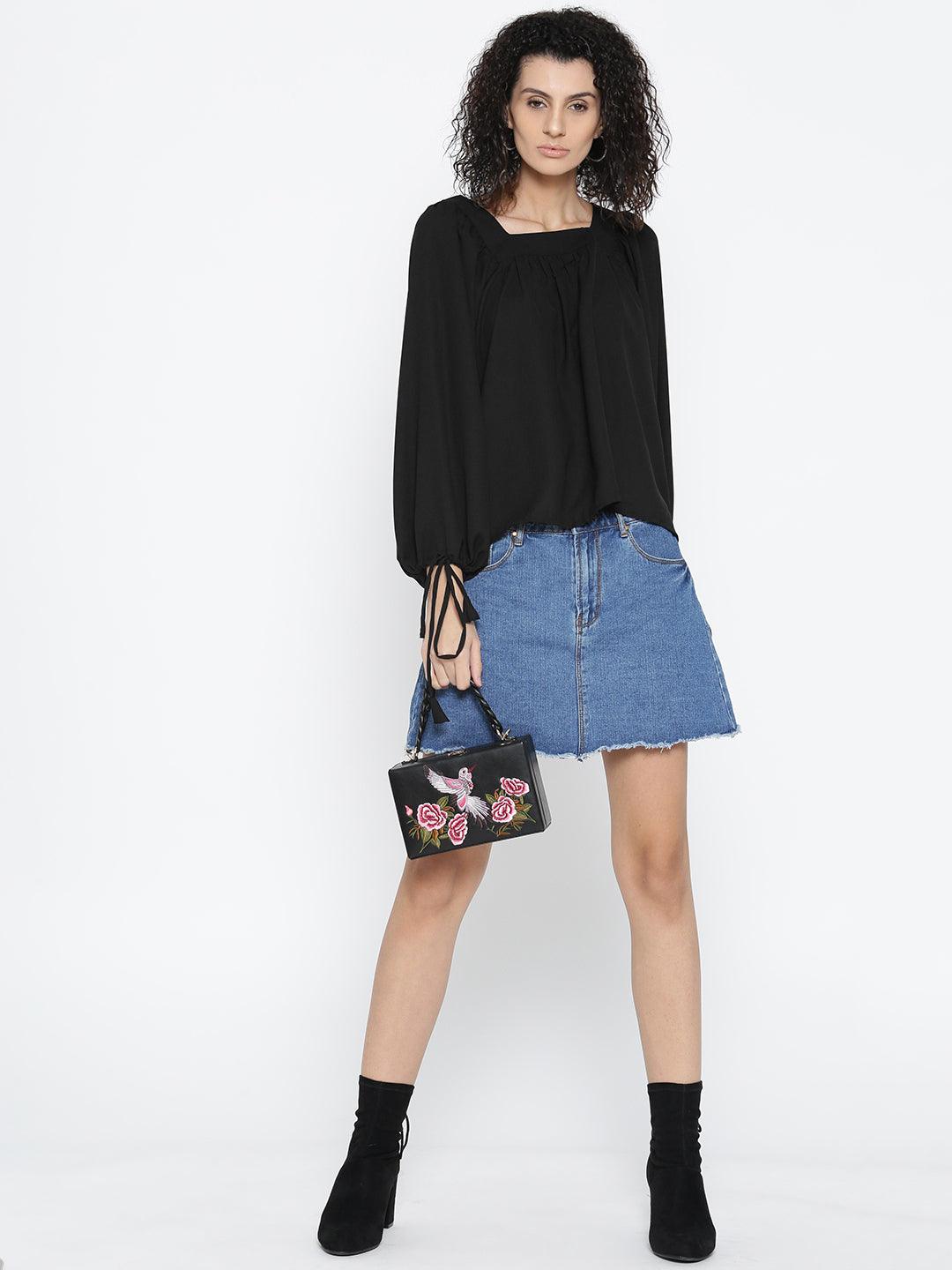 Women Black Solid Top-Tops-StyleQuotient