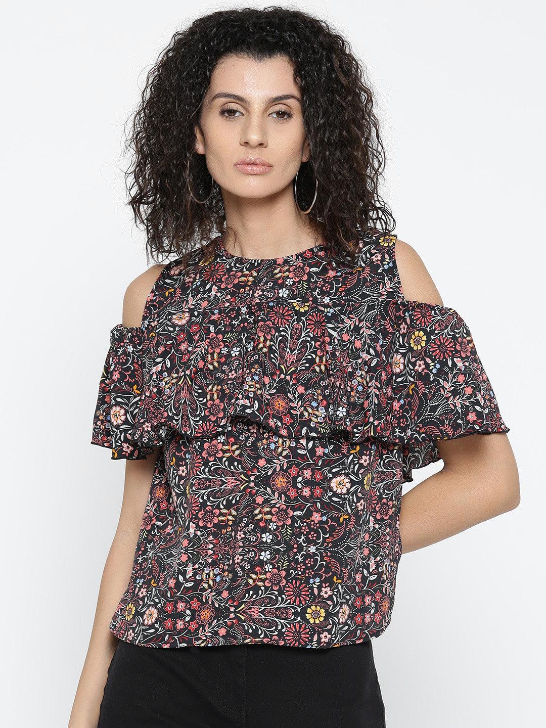 Women Black & Dusty Pink Floral Print Layered A-Line Top-Tops-StyleQuotient