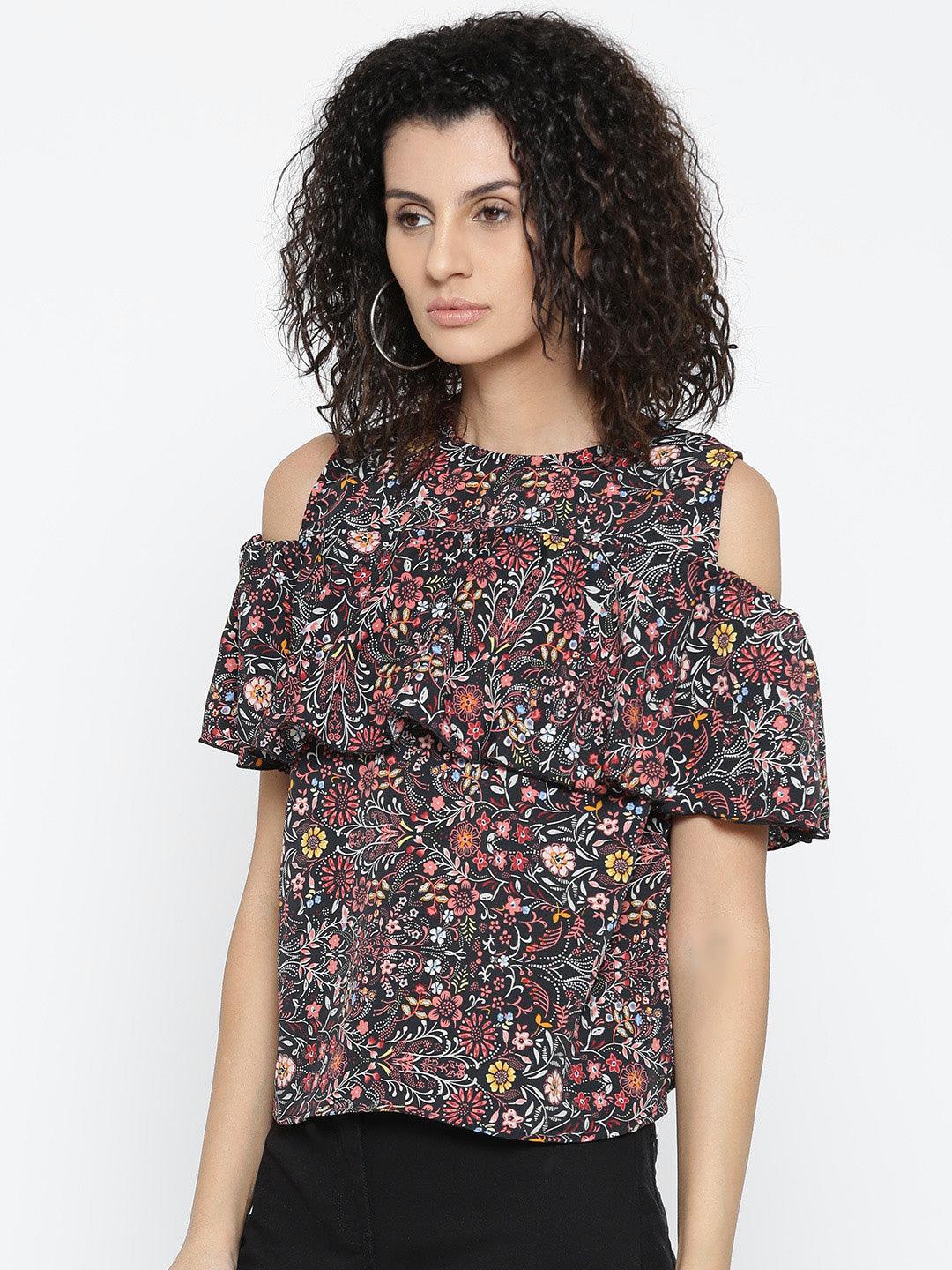 Women Black & Dusty Pink Floral Print Layered A-Line Top-Tops-StyleQuotient