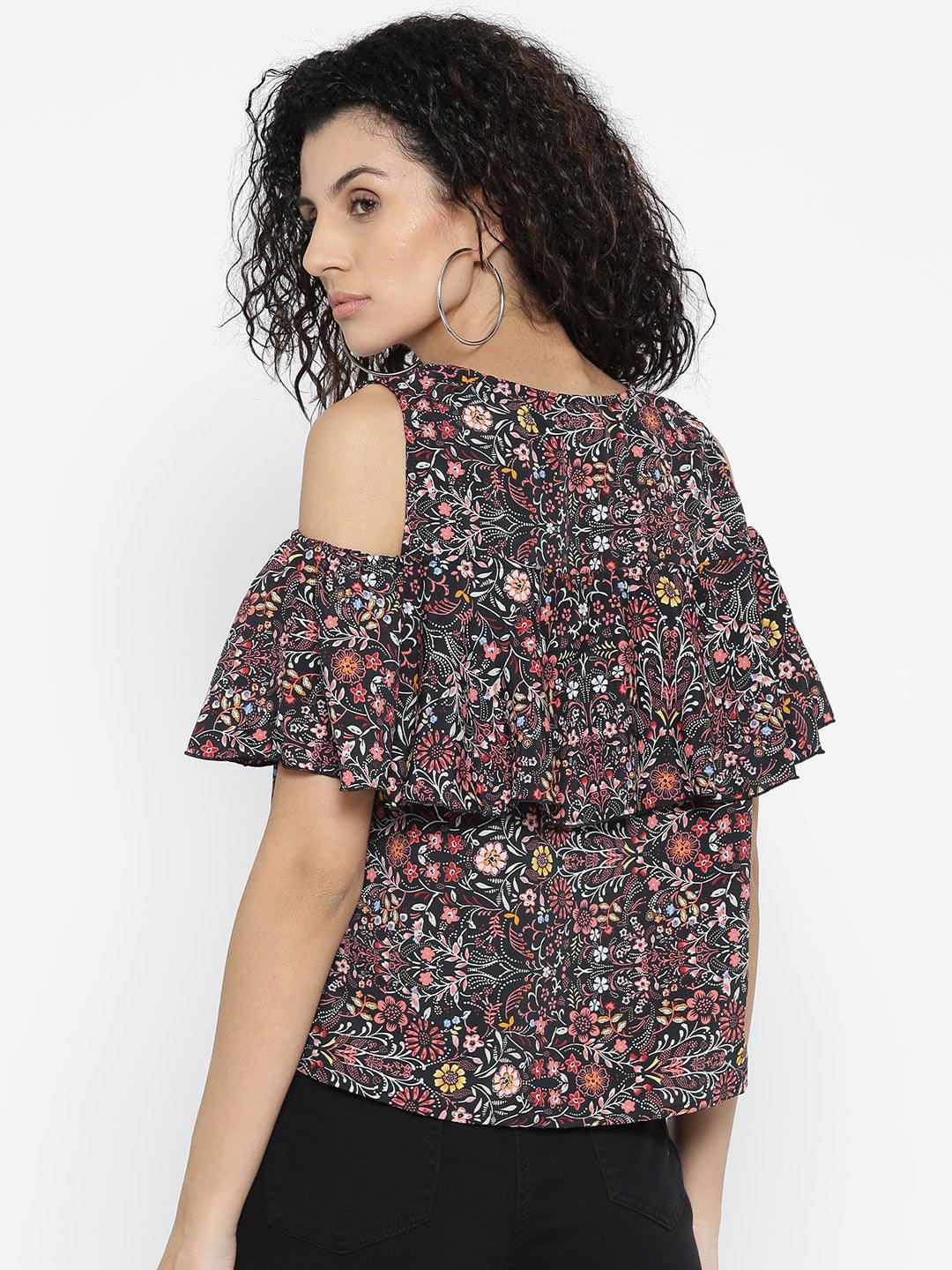 Women Black & Dusty Pink Floral Print Layered A-Line Top-Tops-StyleQuotient