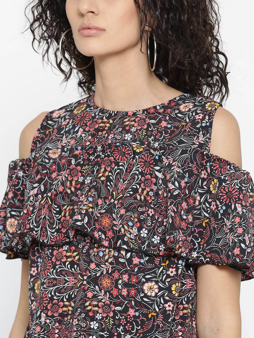 Women Black & Dusty Pink Floral Print Layered A-Line Top-Tops-StyleQuotient