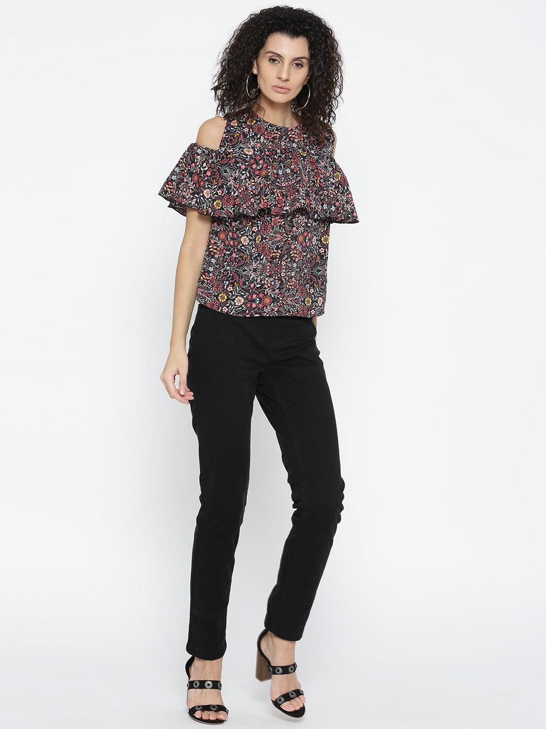 Women Black & Dusty Pink Floral Print Layered A-Line Top-Tops-StyleQuotient