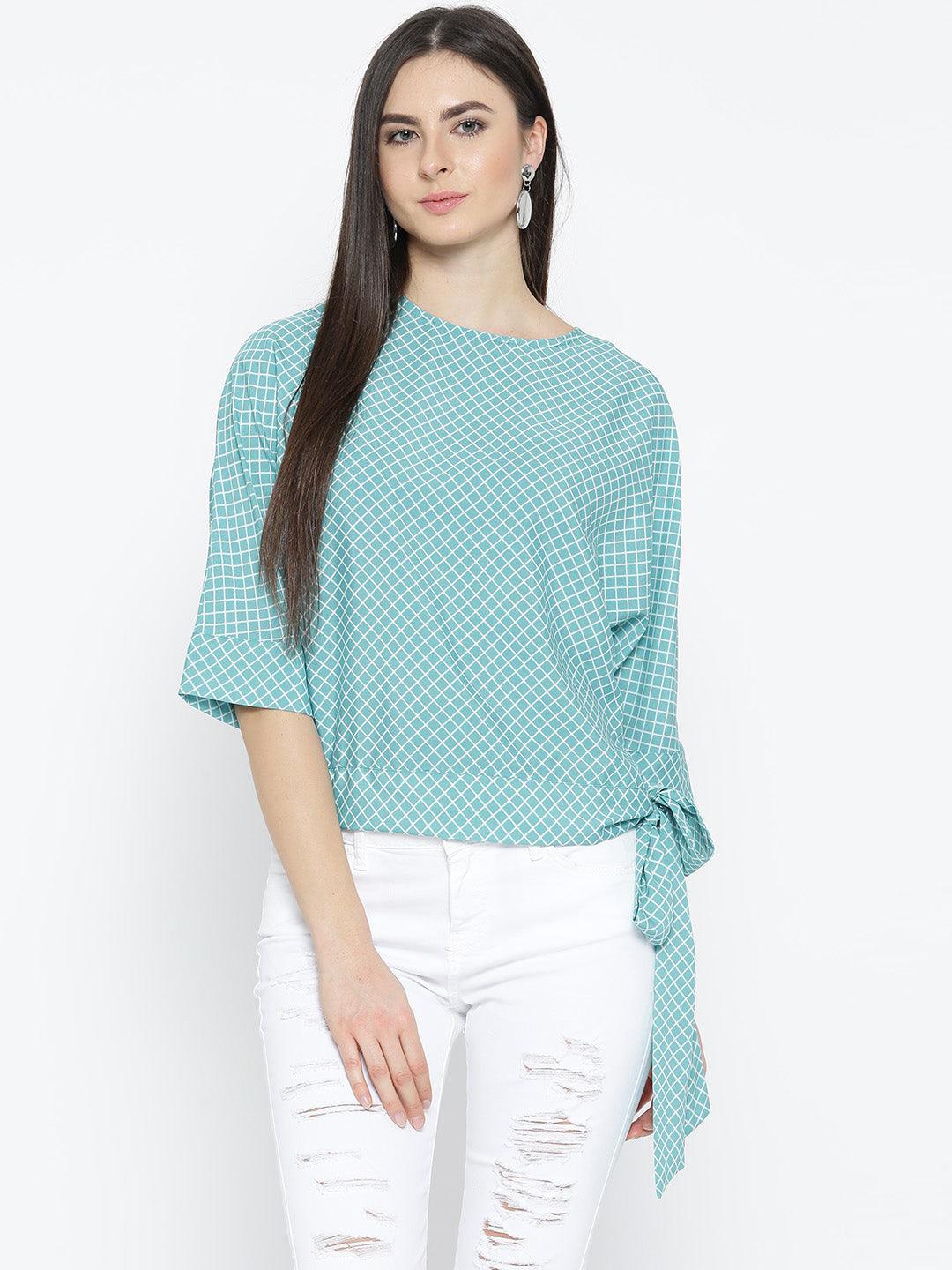 Women Blue & White Checked Boxy Top-Tops-StyleQuotient