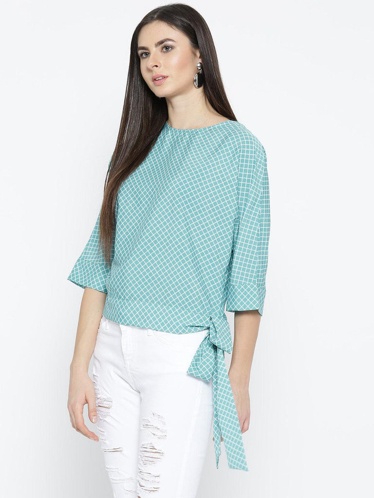 Women Blue & White Checked Boxy Top-Tops-StyleQuotient