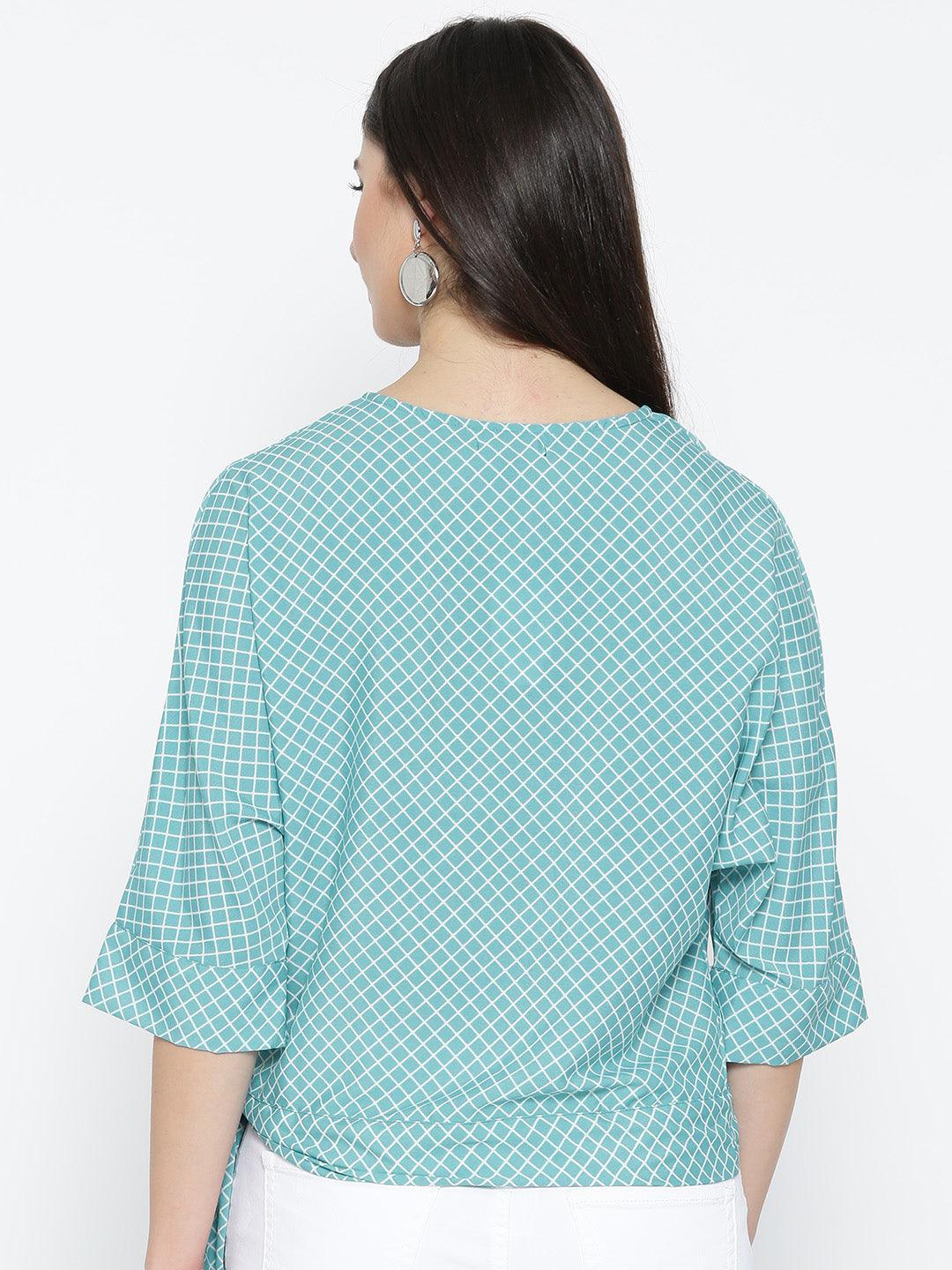 Women Blue & White Checked Boxy Top-Tops-StyleQuotient