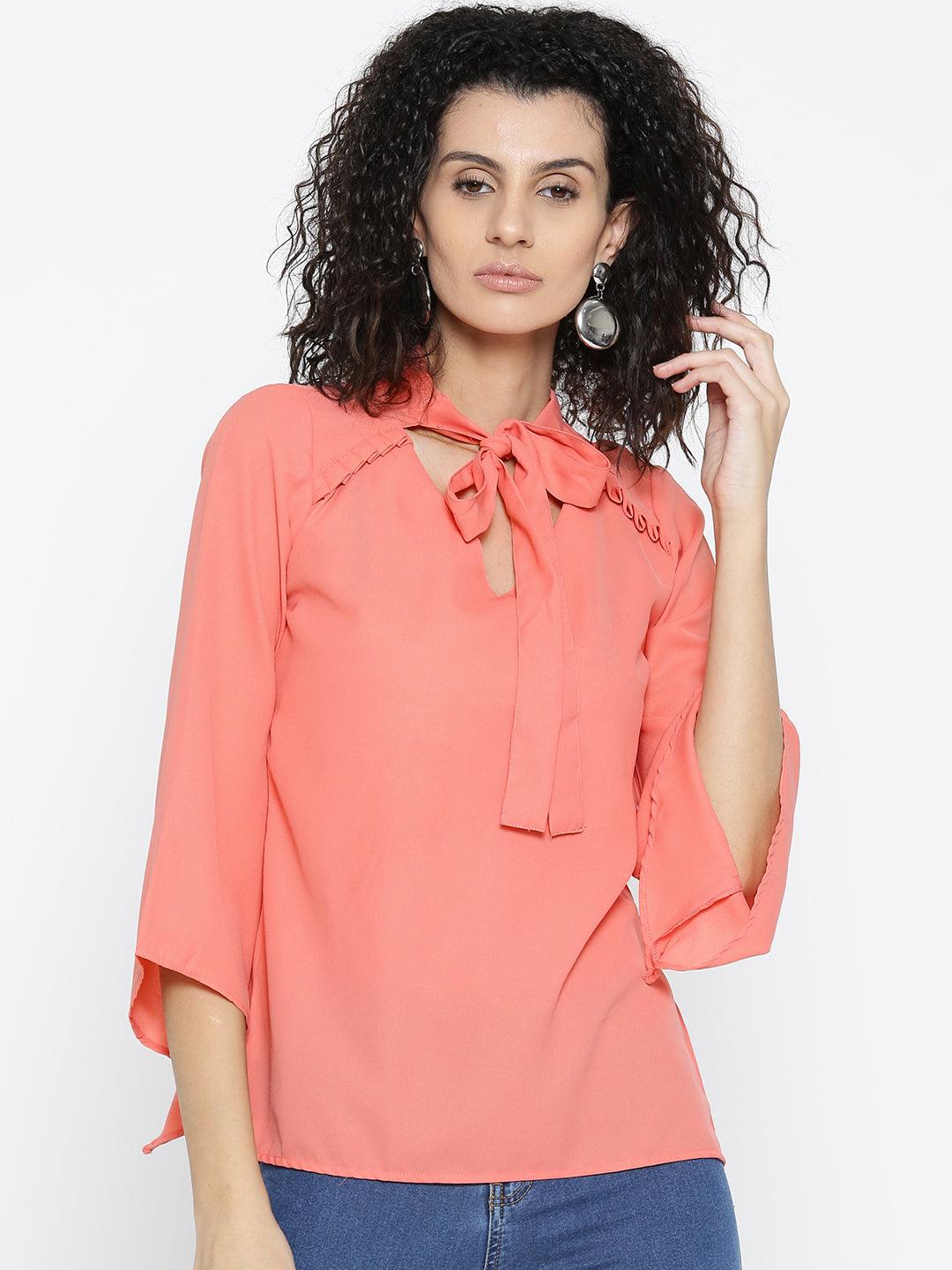 Women Coral Orange Solid Top-Tops-StyleQuotient