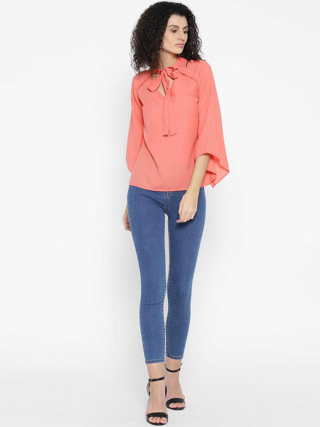 Women Coral Orange Solid Top-Tops-StyleQuotient