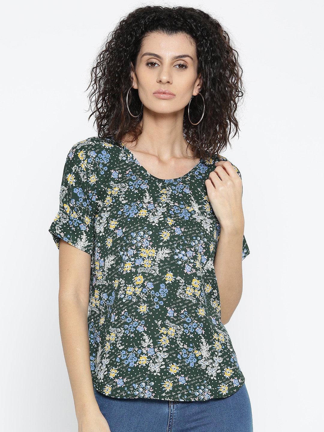 Women Green Floral Print Top-Tops-StyleQuotient