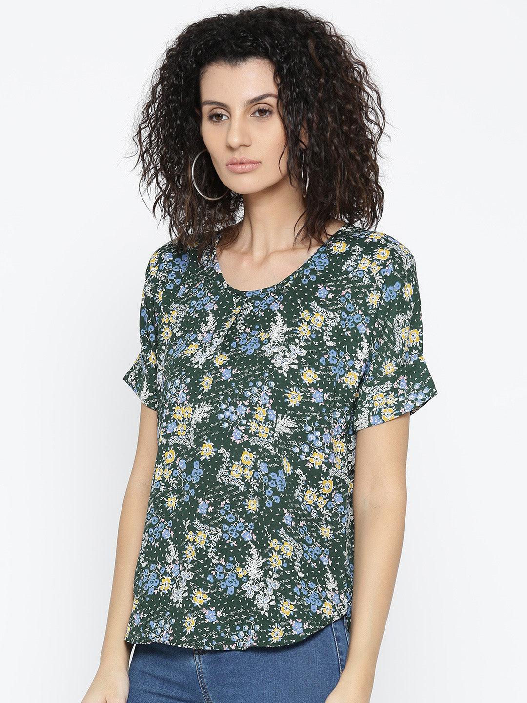 Women Green Floral Print Top-Tops-StyleQuotient