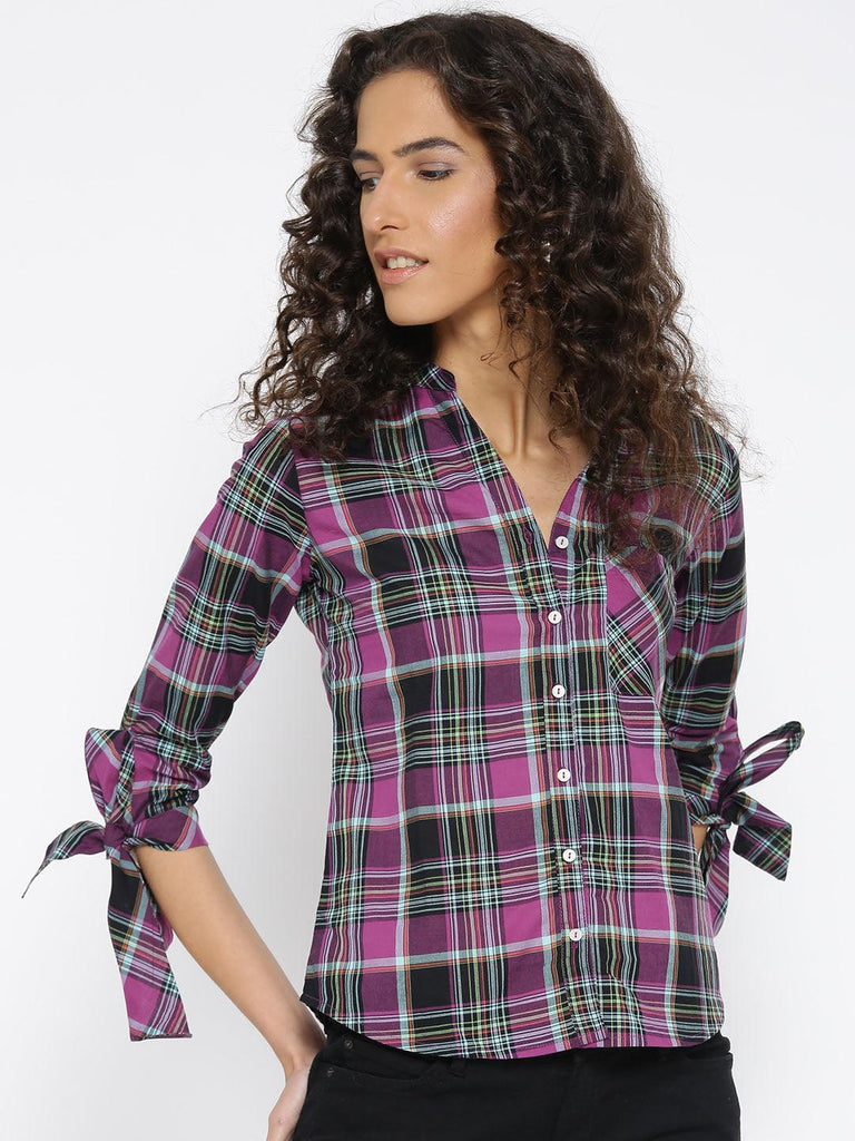 Women Purple & Black Checked Casual Shirt-Shirts-StyleQuotient