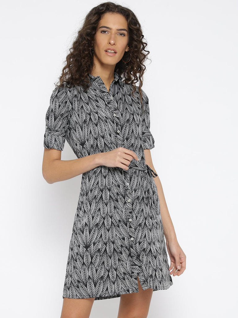 Women Black & White Printed Shirt Dress-Dresses-StyleQuotient