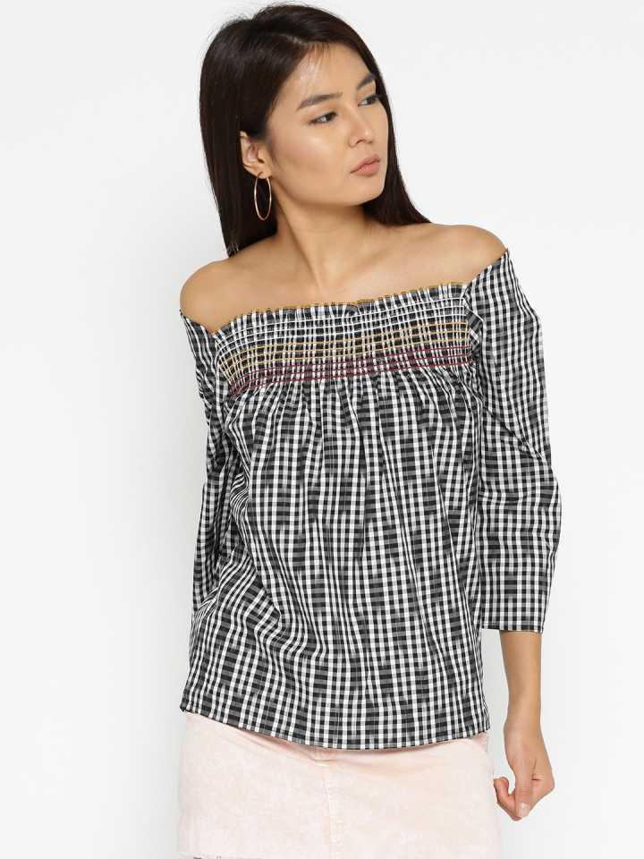 Style Quotient Women Black Off-Shoulder Checkered Fashion Tops-Tops-StyleQuotient