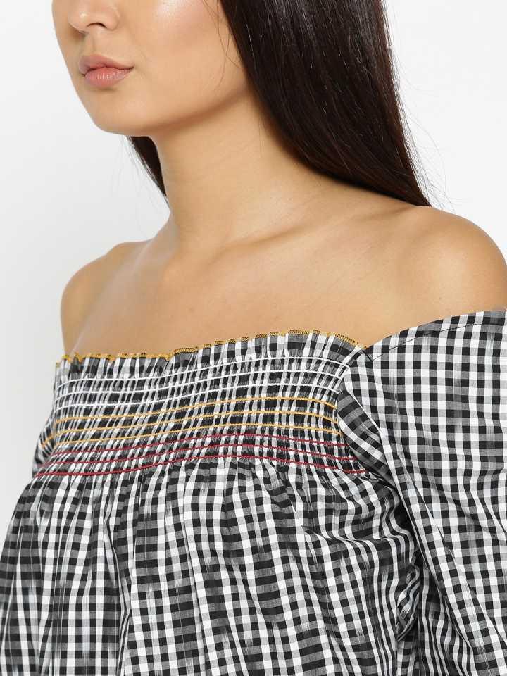 Style Quotient Women Black Off-Shoulder Checkered Fashion Tops-Tops-StyleQuotient