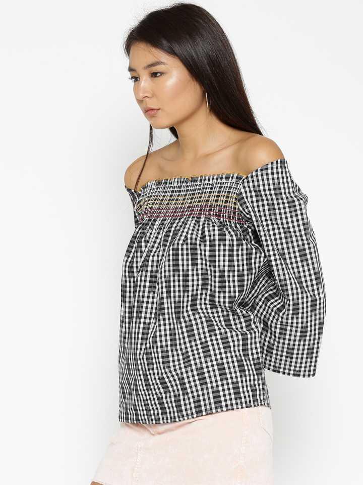 Style Quotient Women Black Off-Shoulder Checkered Fashion Tops-Tops-StyleQuotient