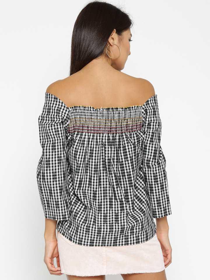 Style Quotient Women Black Off-Shoulder Checkered Fashion Tops-Tops-StyleQuotient