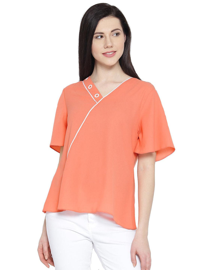 Style Quotient Women Coral V-Neck Solid Fashion Tops-Tops-StyleQuotient