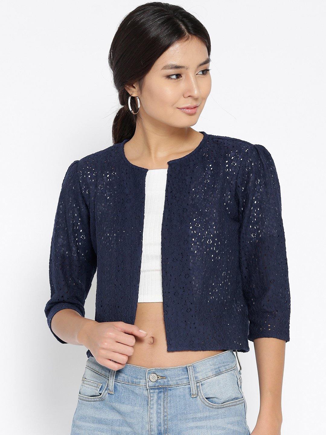 Style Quotient Women Navy Self Design Floral lace Regular Open Front Shrug-Shrug-StyleQuotient