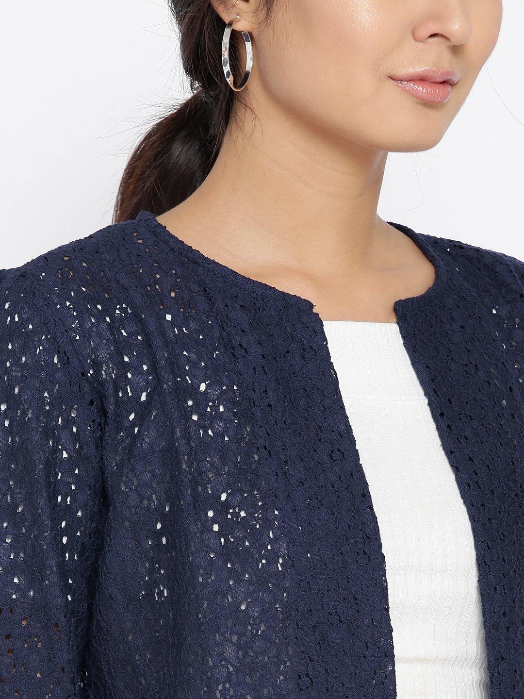 Style Quotient Women Navy Self Design Floral lace Regular Open Front Shrug-Shrug-StyleQuotient