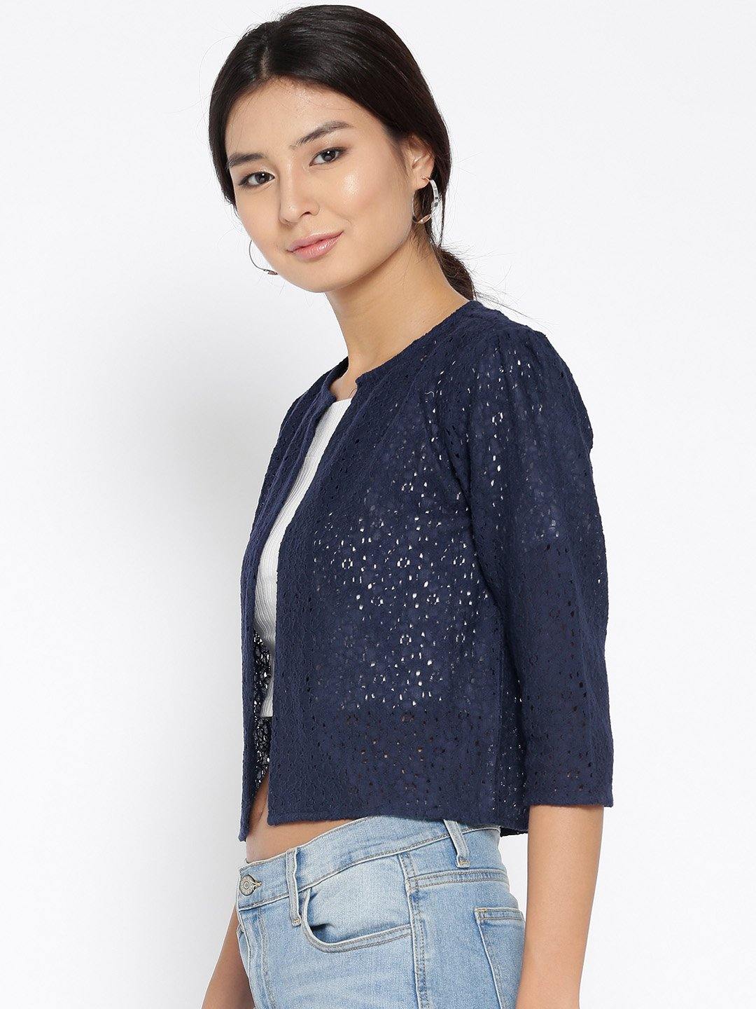 Style Quotient Women Navy Self Design Floral lace Regular Open Front Shrug-Shrug-StyleQuotient