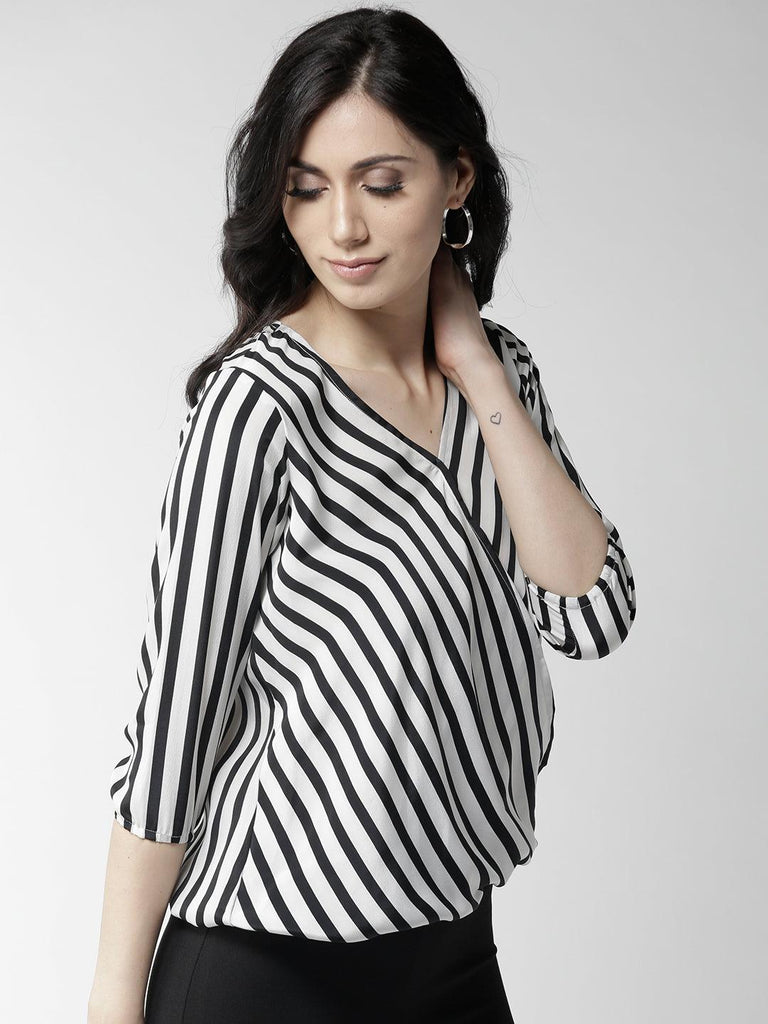 Style Quotient Women Black and White Stripe Polyester Relaxed fit Smart casual top-Tops-StyleQuotient