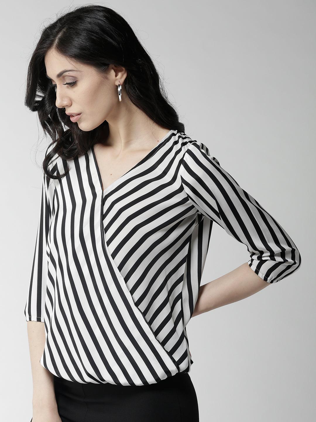 Style Quotient Women Black and White Stripe Polyester Relaxed fit Smart casual top-Tops-StyleQuotient