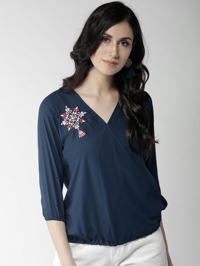 Women Navy Blue Embroidered Detail Wrap Top-Tops-StyleQuotient