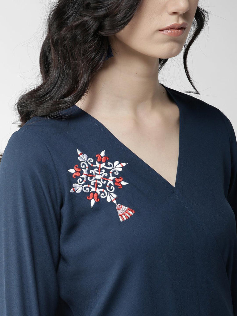 Women Navy Blue Embroidered Detail Wrap Top-Tops-StyleQuotient