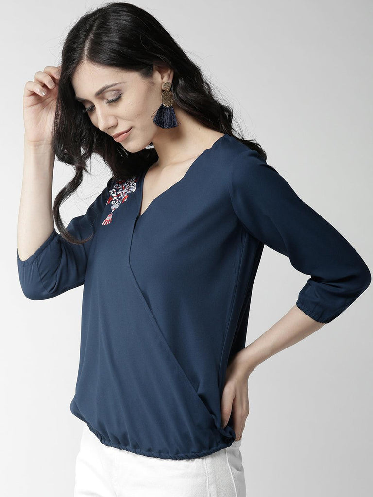 Women Navy Blue Embroidered Detail Wrap Top-Tops-StyleQuotient