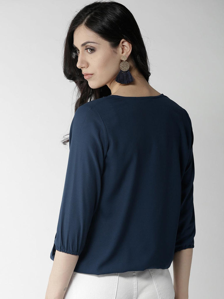 Women Navy Blue Embroidered Detail Wrap Top-Tops-StyleQuotient