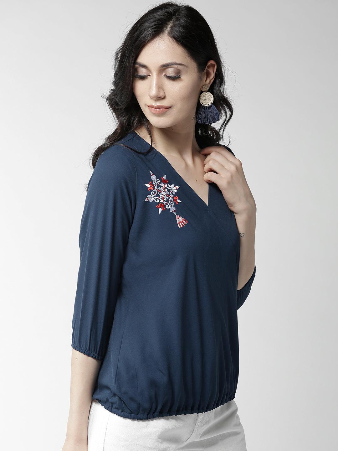 Women Navy Blue Embroidered Detail Wrap Top-Tops-StyleQuotient