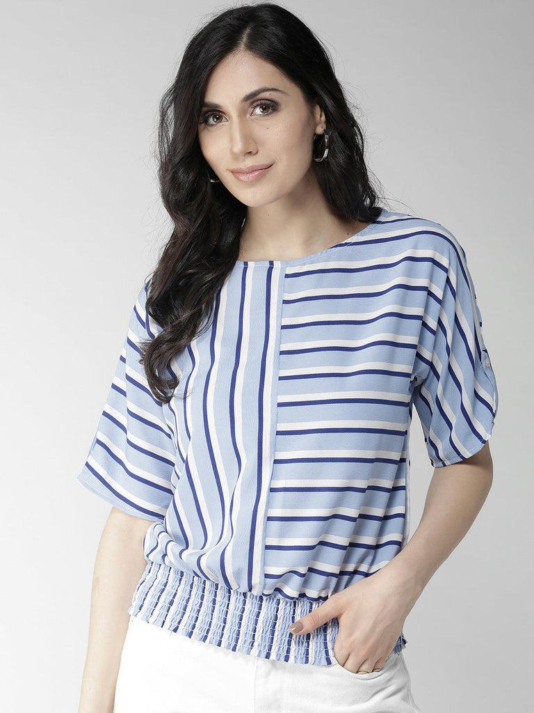 Women Blue & White Striped Blouson Top-Tops-StyleQuotient