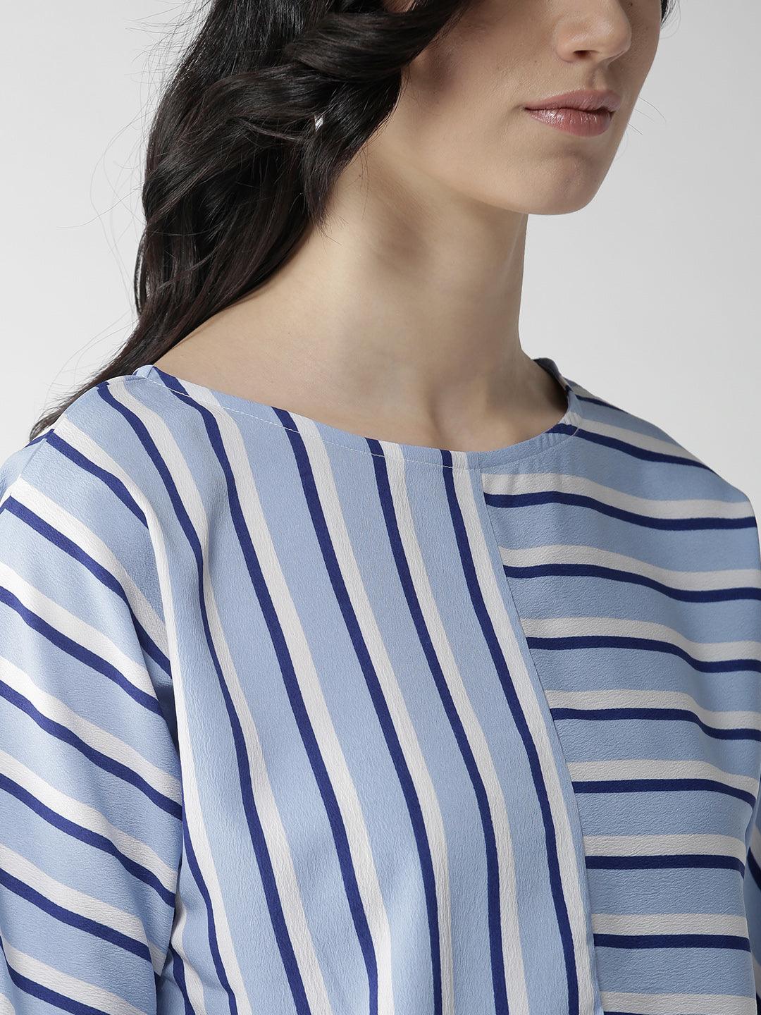 Women Blue & White Striped Blouson Top-Tops-StyleQuotient