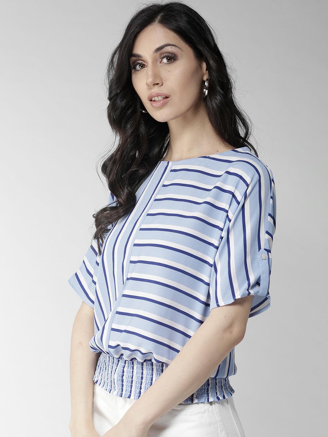 Women Blue & White Striped Blouson Top-Tops-StyleQuotient