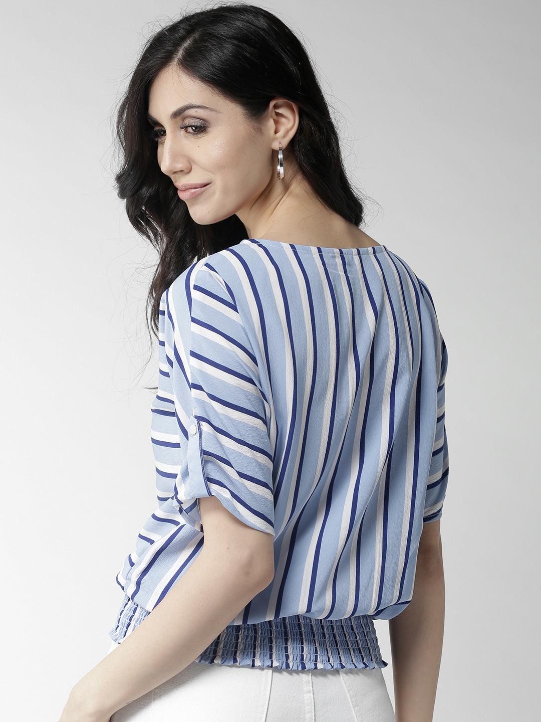 Women Blue & White Striped Blouson Top-Tops-StyleQuotient