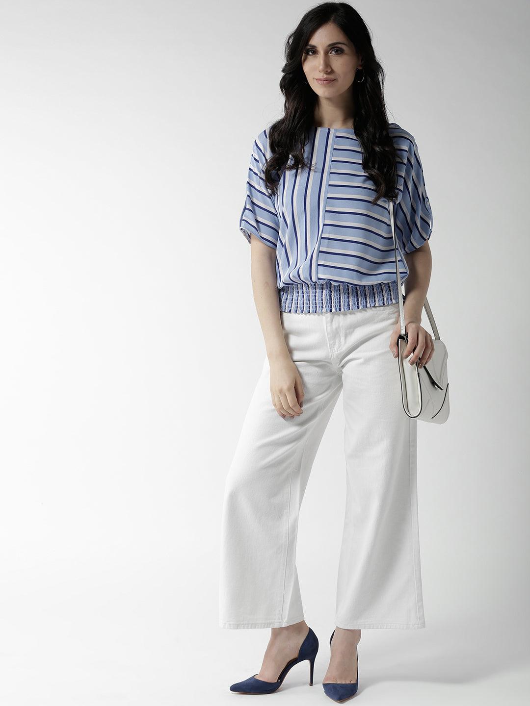 Women Blue & White Striped Blouson Top-Tops-StyleQuotient