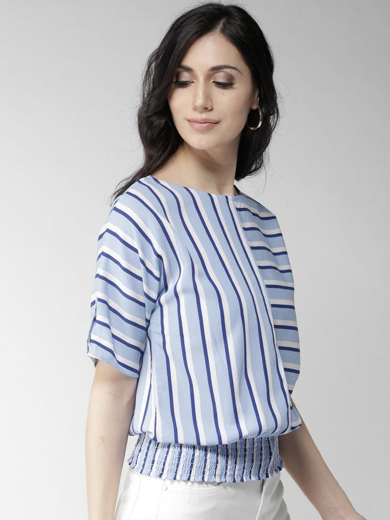 Women Blue & White Striped Blouson Top-Tops-StyleQuotient