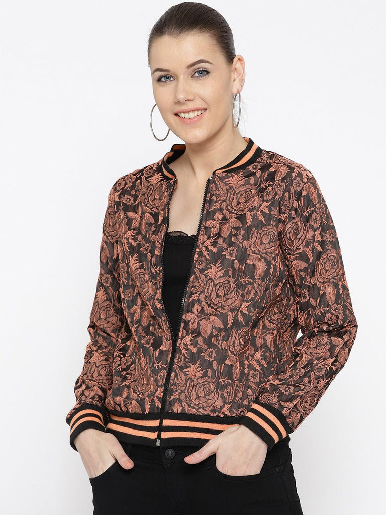 Style Quotient Women Black & Peach-Coloured Self Design Bomber Jacket-Jackets-StyleQuotient