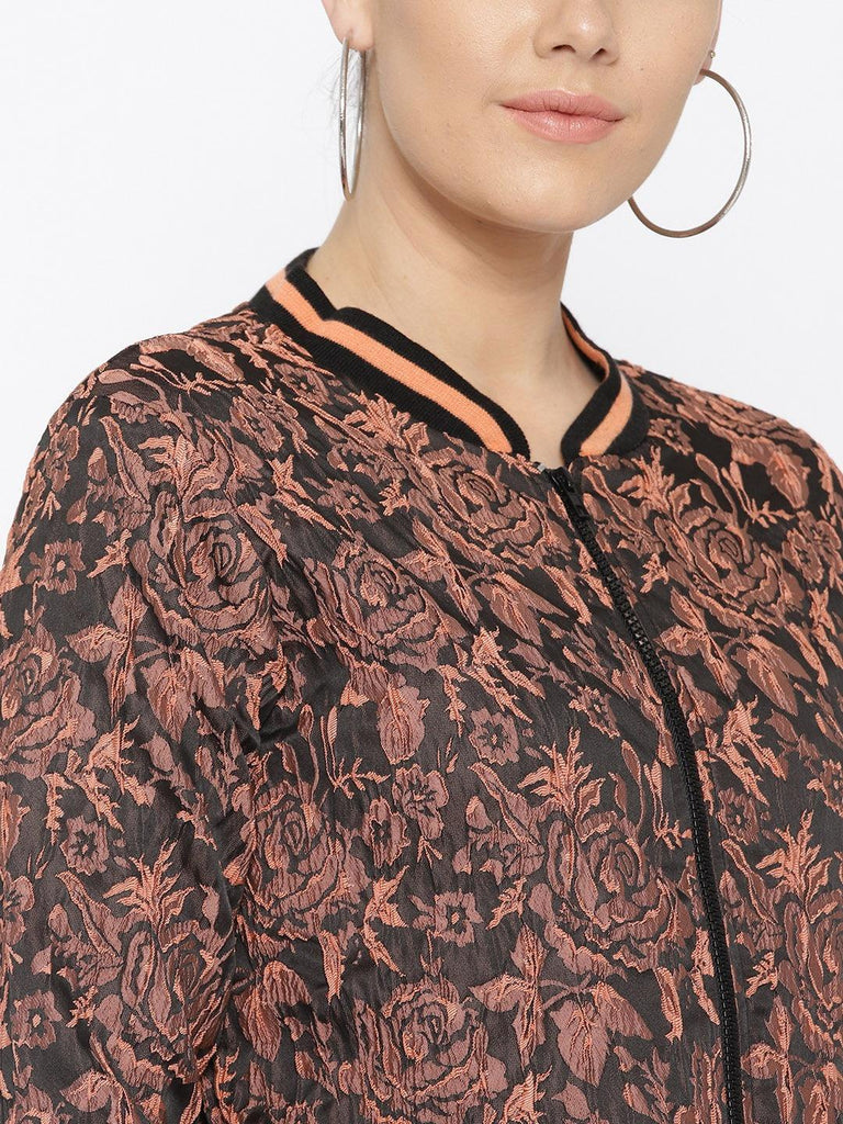 Style Quotient Women Black & Peach-Coloured Self Design Bomber Jacket-Jackets-StyleQuotient