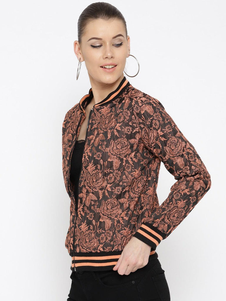 Style Quotient Women Black & Peach-Coloured Self Design Bomber Jacket-Jackets-StyleQuotient