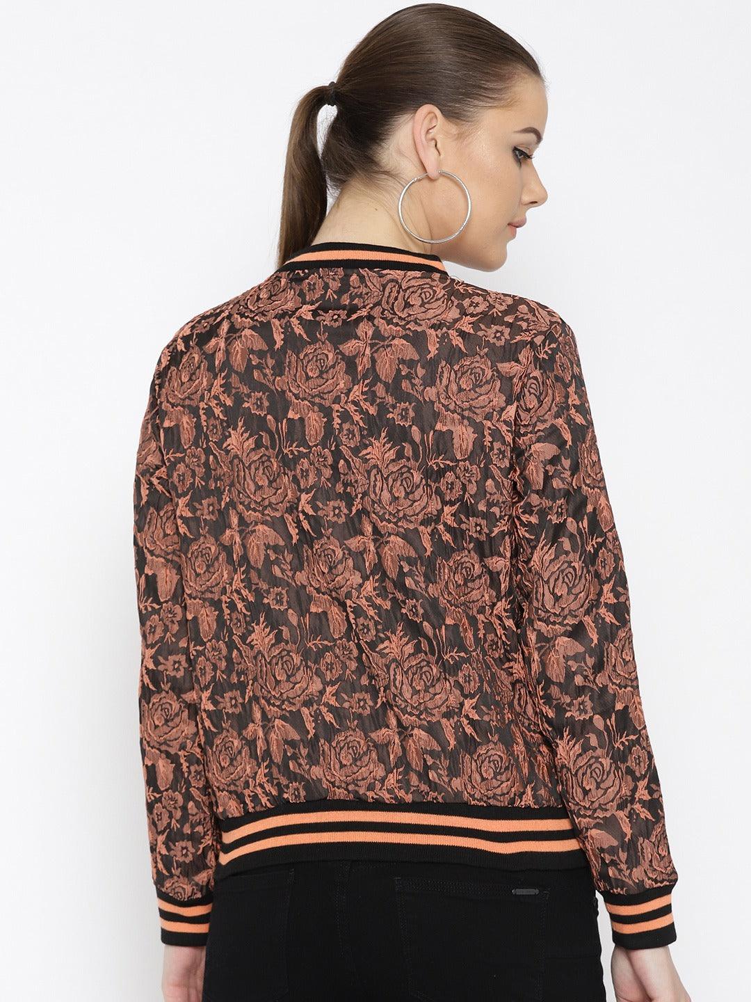 Style Quotient Women Black & Peach-Coloured Self Design Bomber Jacket-Jackets-StyleQuotient