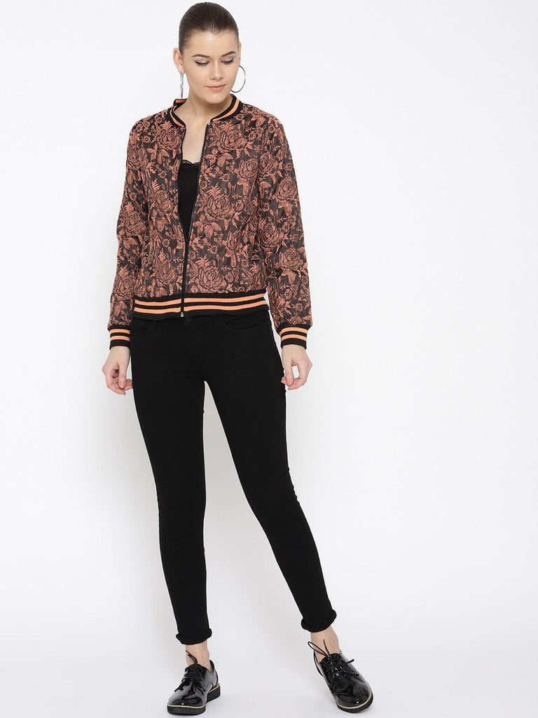 Style Quotient Women Black & Peach-Coloured Self Design Bomber Jacket-Jackets-StyleQuotient