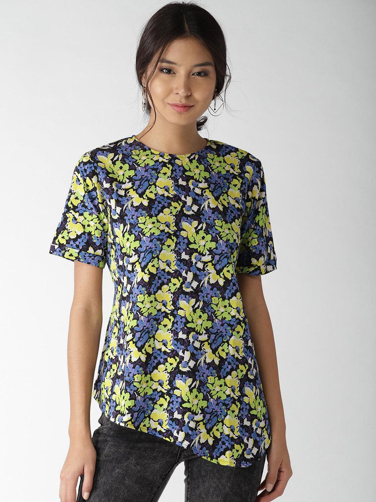 Women Black & Lime Green Floral Print Top-Tops-StyleQuotient