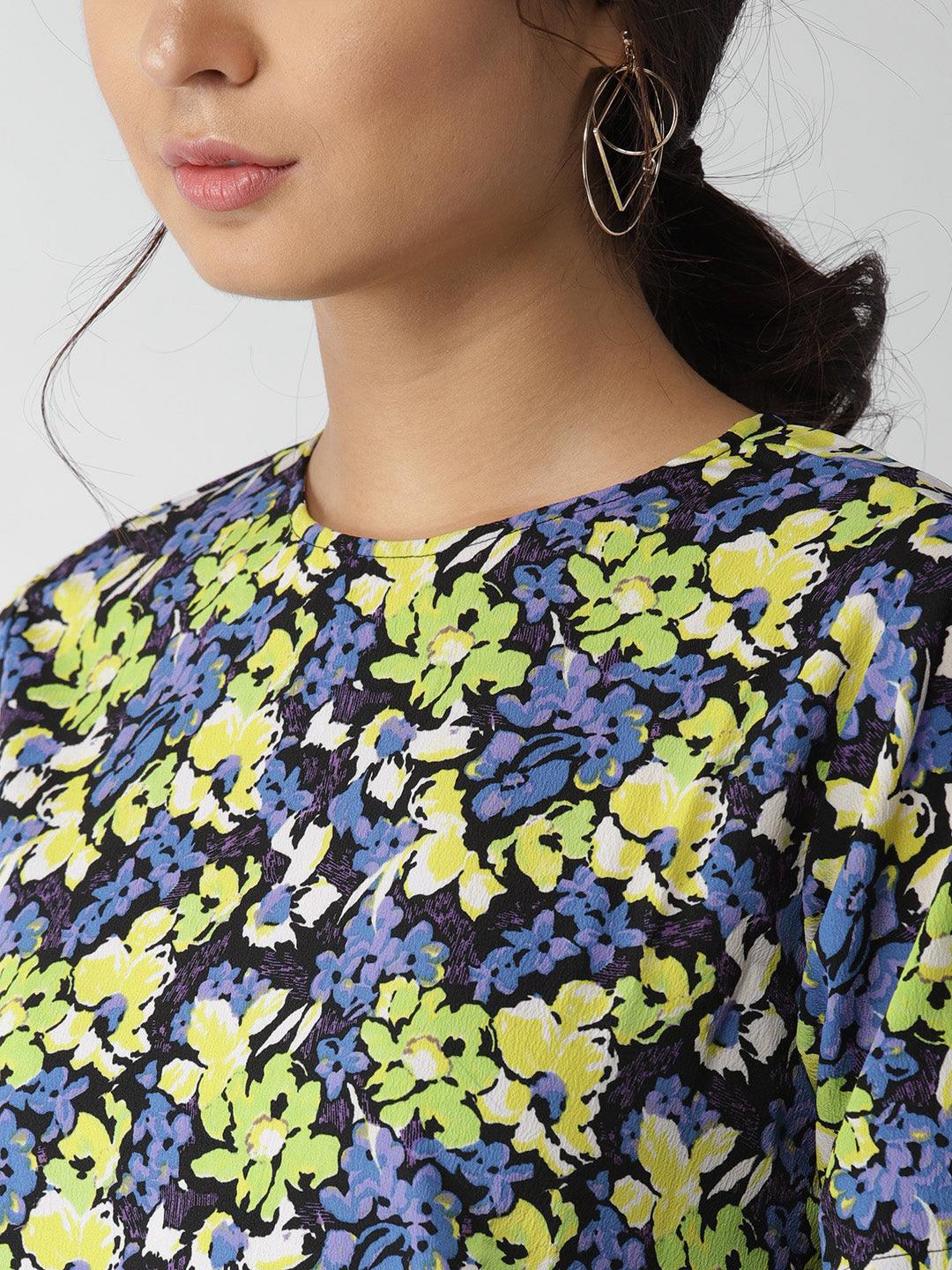 Women Black & Lime Green Floral Print Top-Tops-StyleQuotient