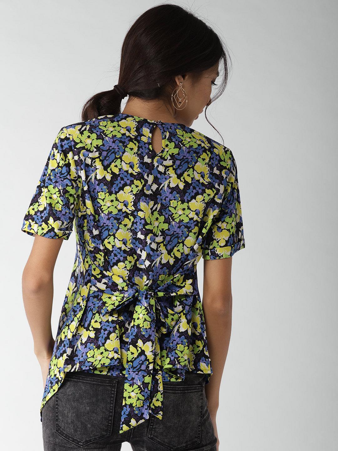 Women Black & Lime Green Floral Print Top-Tops-StyleQuotient