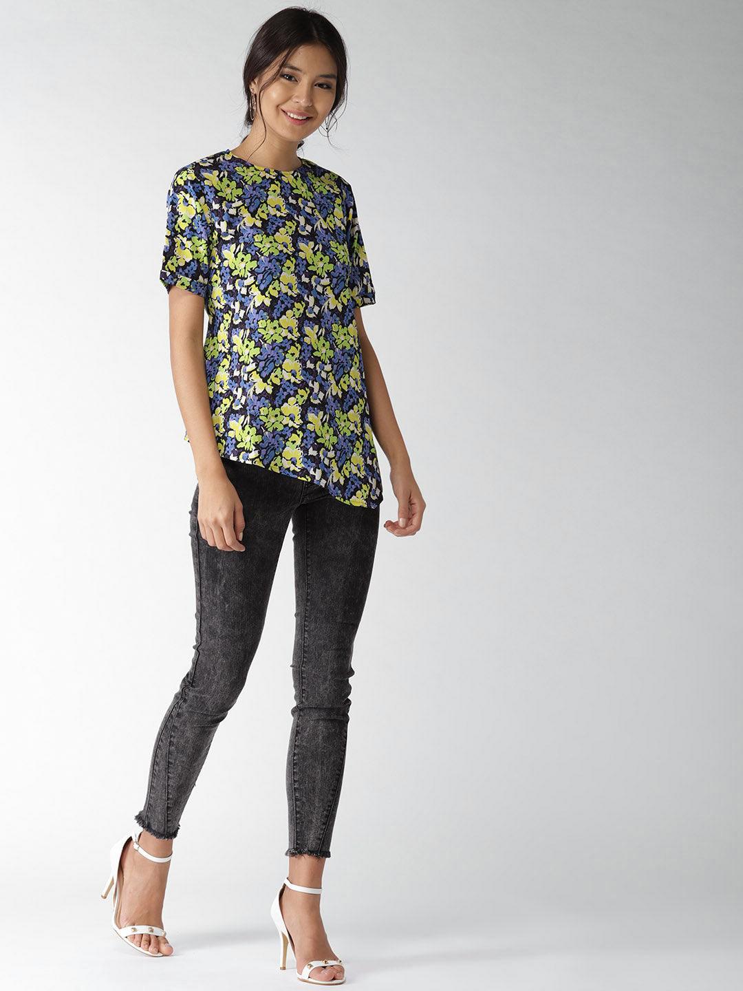 Women Black & Lime Green Floral Print Top-Tops-StyleQuotient