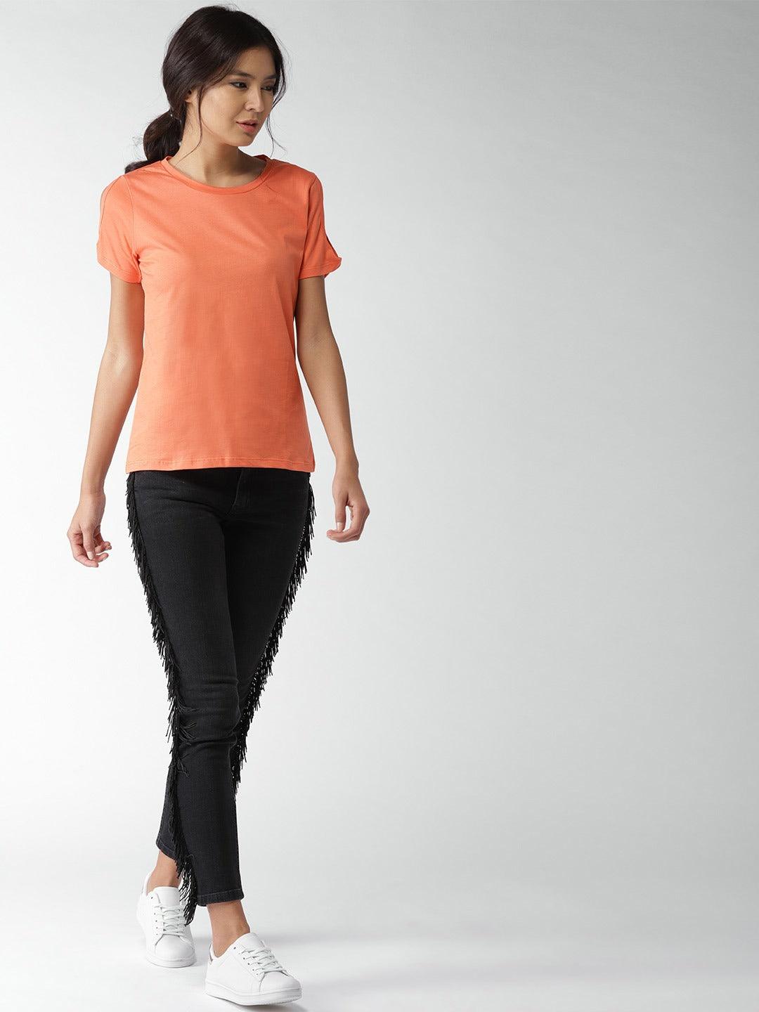 Style Quotient Women Orange Round Neck Solid Fashion Tops-Tops-StyleQuotient