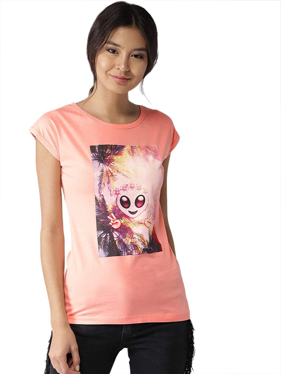 Style Quotient Women Peach Round Neck Graphic Fashion Tshirts-Tshirt-StyleQuotient